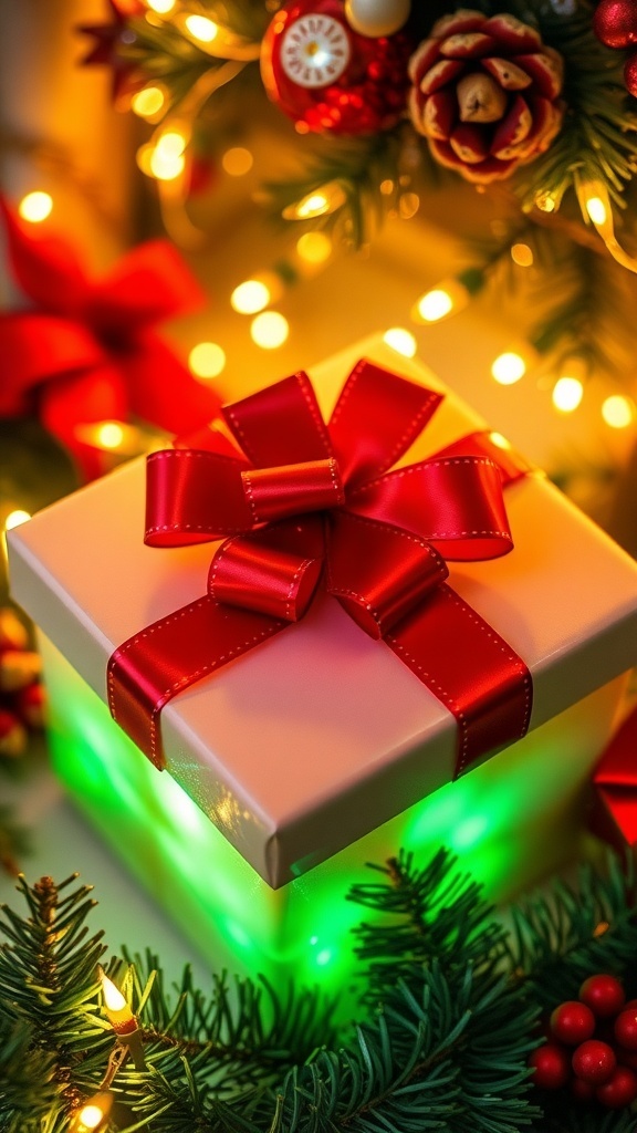 A wrapped Christmas gift with a bow, surrounded by holiday decorations and lights.